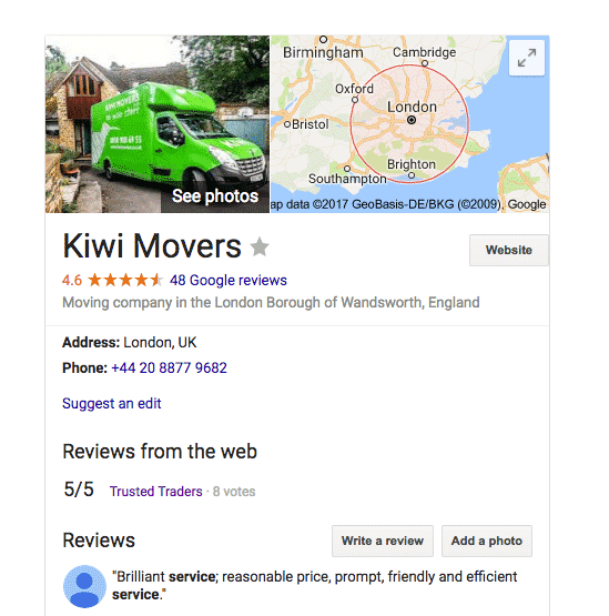 Kiwi movers Google review screen shot