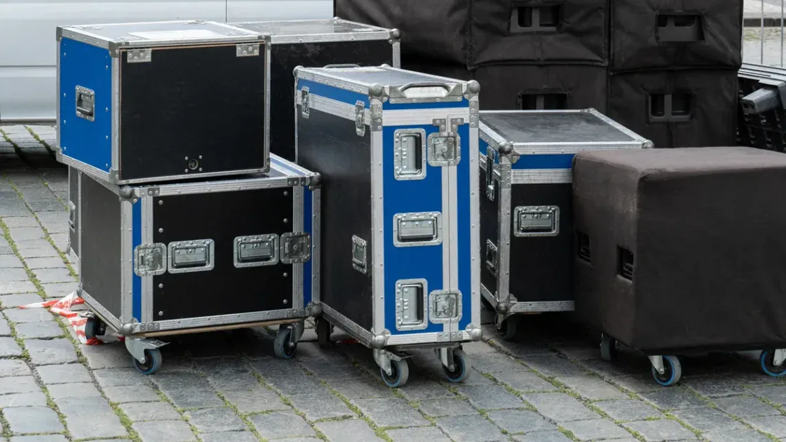 Flight cases and film production equipment in secure storage between shoots in London